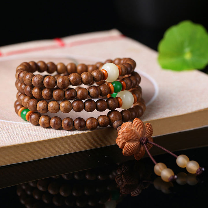 Buddha Stones 108 Mala Beads Peach Wood Bodhi Seed Lotus Prayer Meditation Bracelet