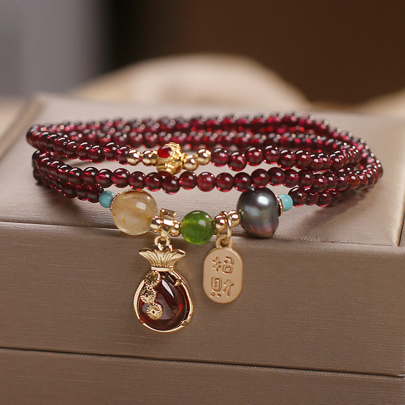 Buddha Stones Multi Layered Natural Garnet Jade Coin Money Bag Attracting Wealth Protection Bracelet