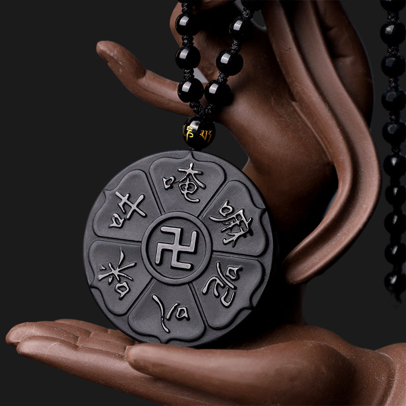 Buddha Stones Natural Black Obsidian Tibetan Om Mani Padme Hum Buddha Swastika Luck Necklace Pendant