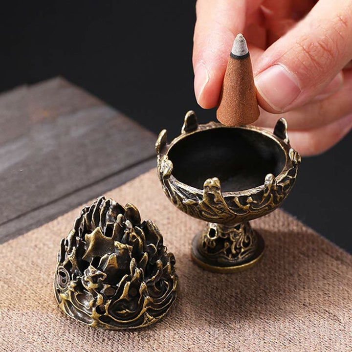 Tibetan Mini Mountain Pattern Meditation Copper Alloy Incense Burner - image 3