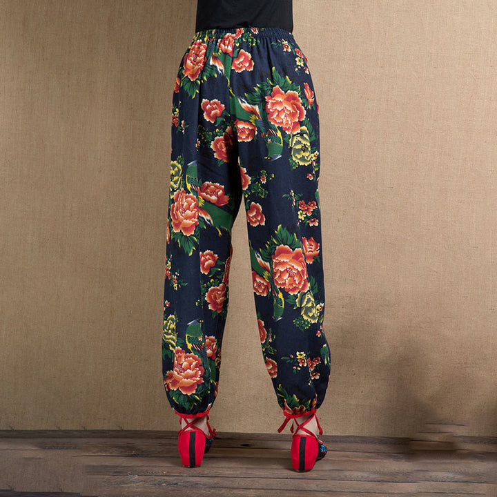 Buddha Stones Ethnic Style Red Green Flowers Print Harem Pants With Pockets