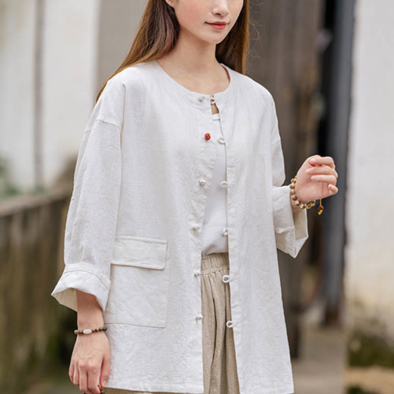 Buddha Stones Retro Zen Design Long Sleeve Shirt Ramie Linen Jacket With Pockets