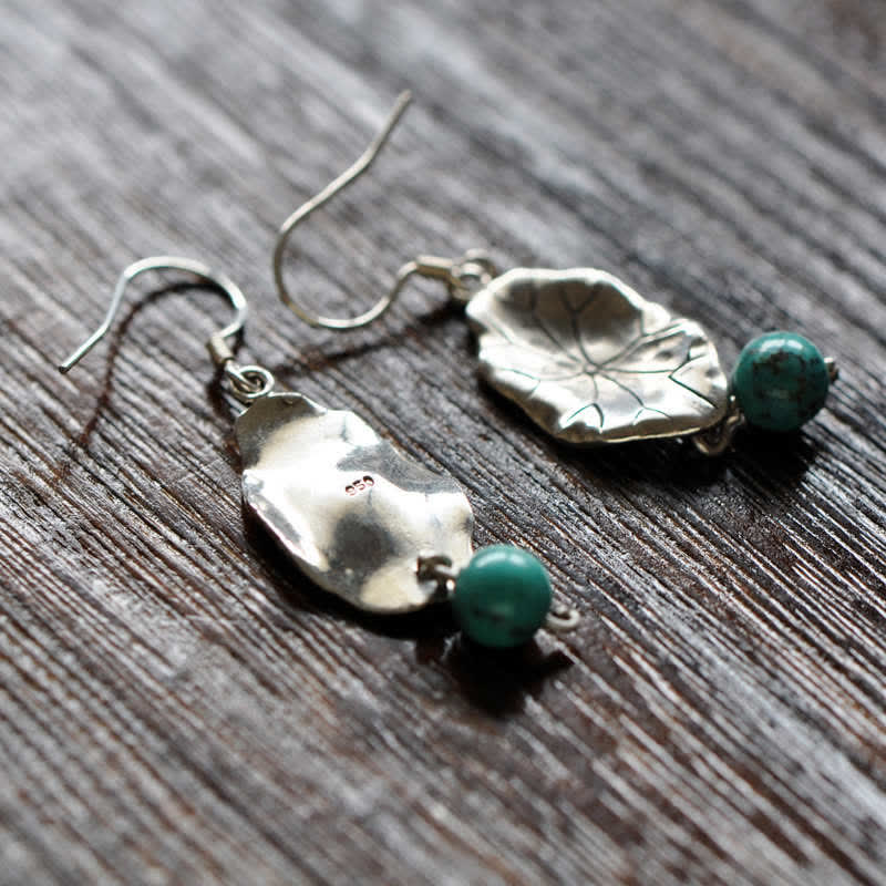 925 Sterling Silver Turquoise Lotus Leaf Protection Drop Dangle Earrings - image 9