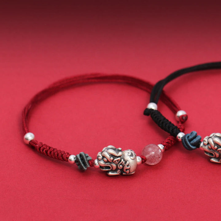 Buddha Stones 999 Sterling Silver PiXiu Strawberry Quartz Bead Wealth Luck Braided Bracelet - image 3