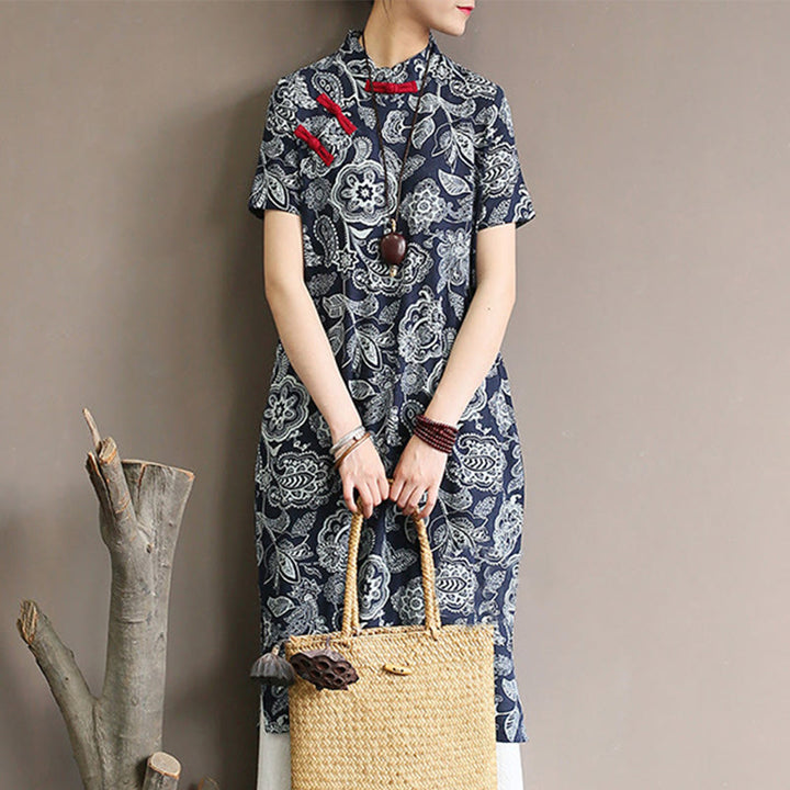 Buddha Stones Blue White Flower Frog-button Cheongsam Dresses Short Sleeve Linen Dresses With Pockets