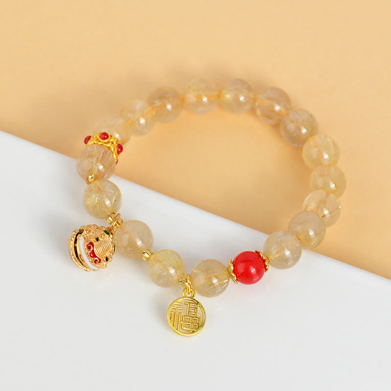 Buddha Stones Natural Golden Rutilated Quartz Fu Character Charm Bell Wealth Bracelet