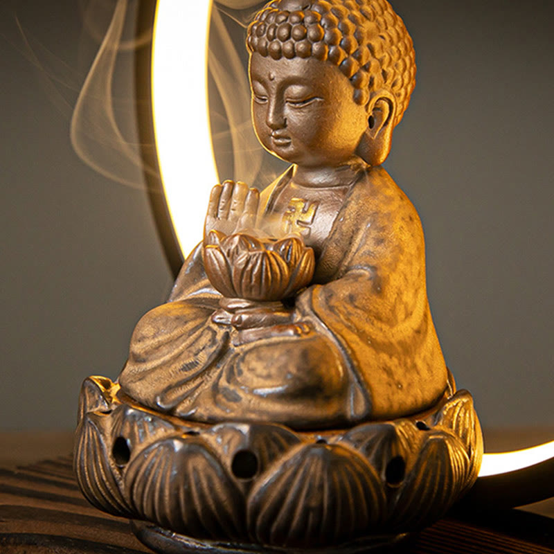 Buddha Stones Buddha Lotus Backflow Smoke Fountain Ceramic Blessing Incense Burner With Light Decoration - image 10