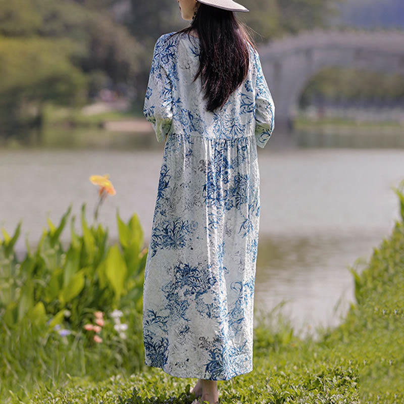 Buddha Stones Flowers Print Midi Dress Cotton Linen Tunic Dress With Pockets