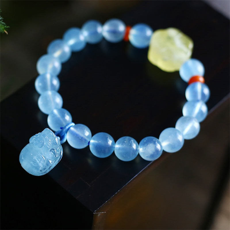Natural Aquamarine Amber Pixiu Peace Healing Charm Bracelet - Aquamarine - image 0