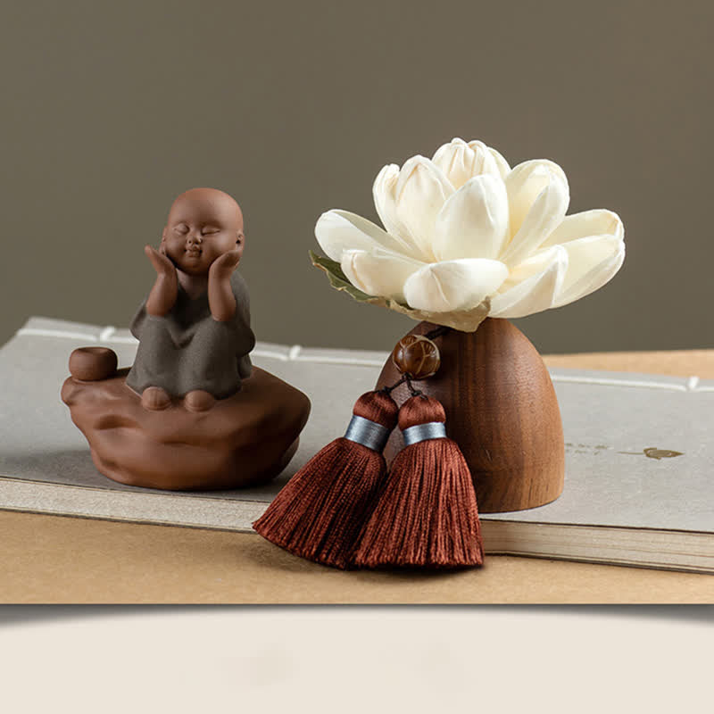 Black Peach Wood Buddha Flower Calm Cure Decorations - Little Monk Sitting - image 17