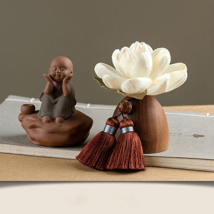 Black Peach Wood Buddha Flower Calm Cure Decorations - Little Monk Sitting - image 17