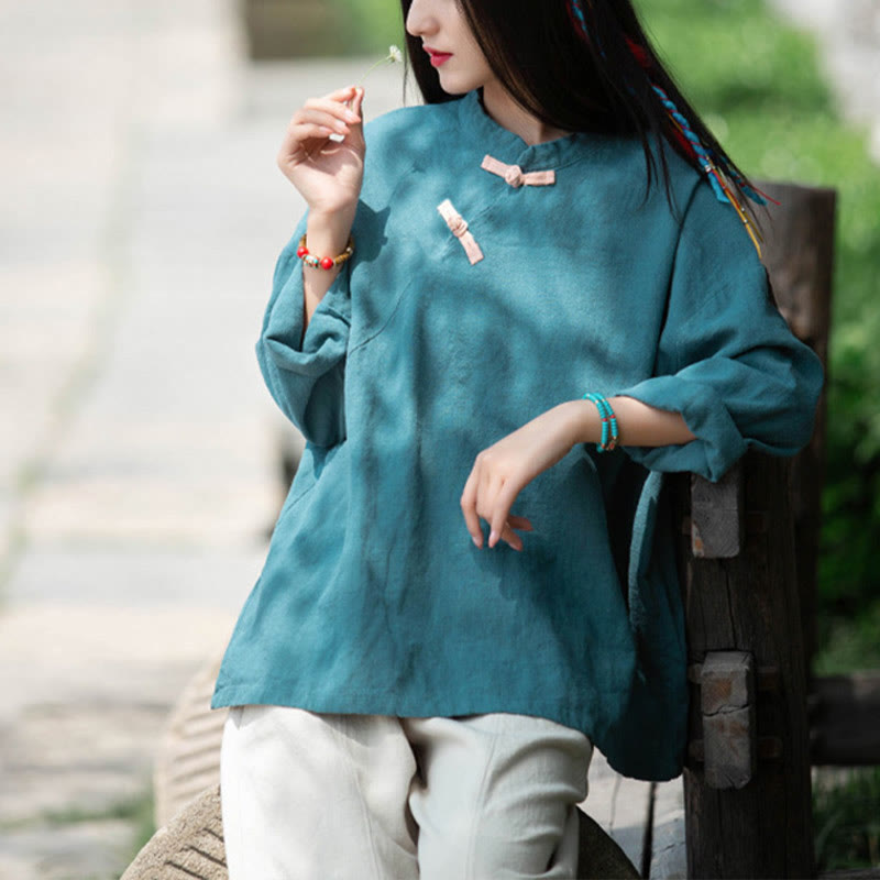 Buddha Stones Ramie Linen Loose Blouse Women Long Sleeve Shirt Chinese Hanfu Top