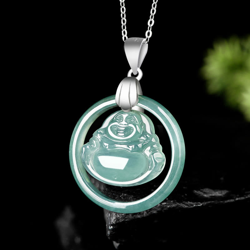Buddha Stones Natural Jade Round Laughing Buddha Abundance Titanium Steel Chain Necklace Pendant - image 1