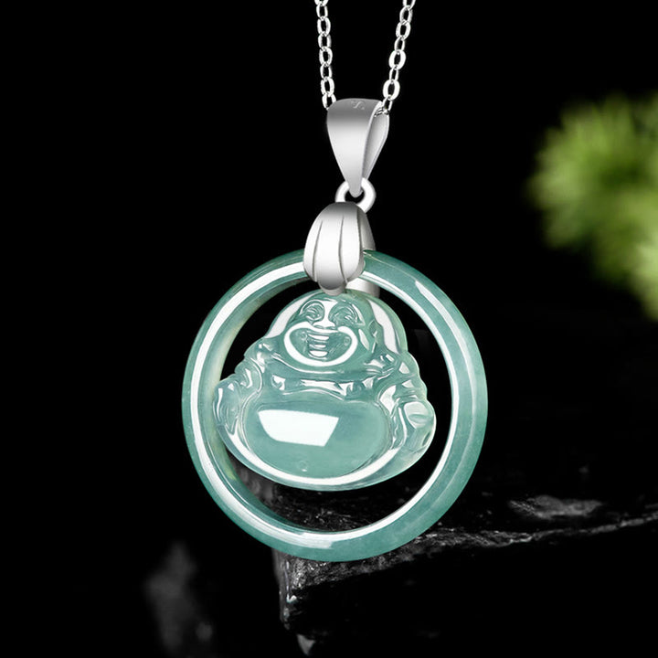 Buddha Stones Natural Jade Round Laughing Buddha Abundance Titanium Steel Chain Necklace Pendant - image 1