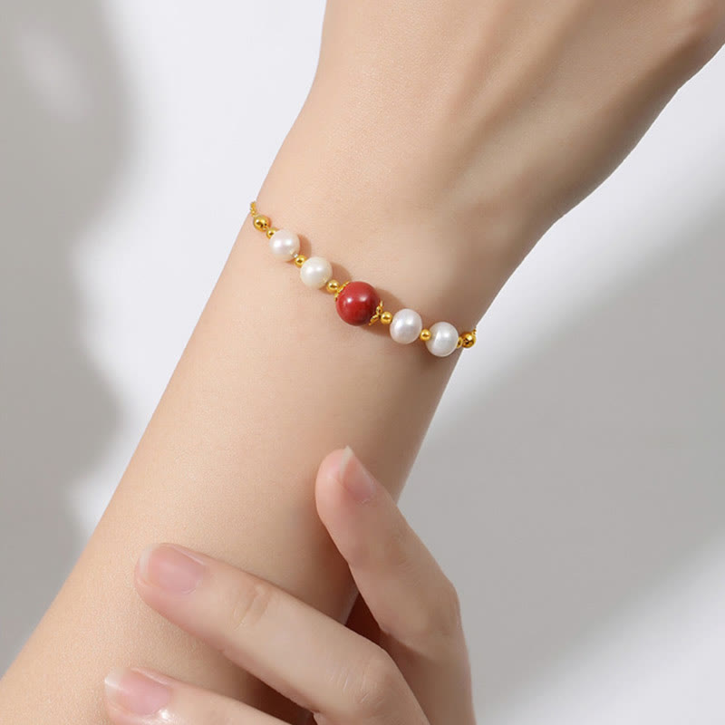 Buddha Stones 925 Sterling Silver Pearl Cinnabar Healing Bead Chain Bracelet - image 6