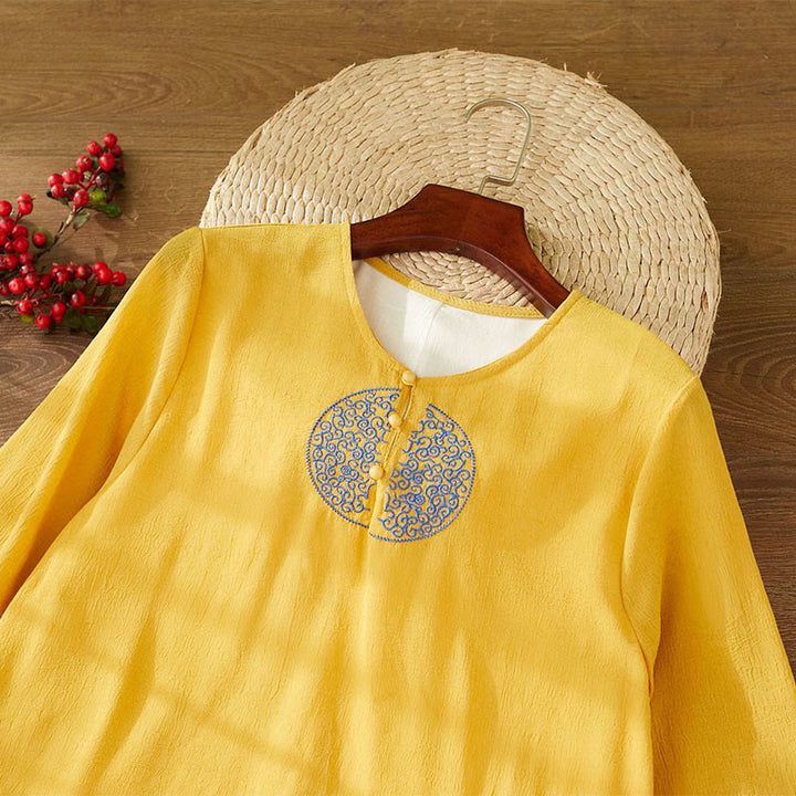 Buddha Stones Embroidery Long Sleeve Midi Dress Meditation Spiritual Zen Practice