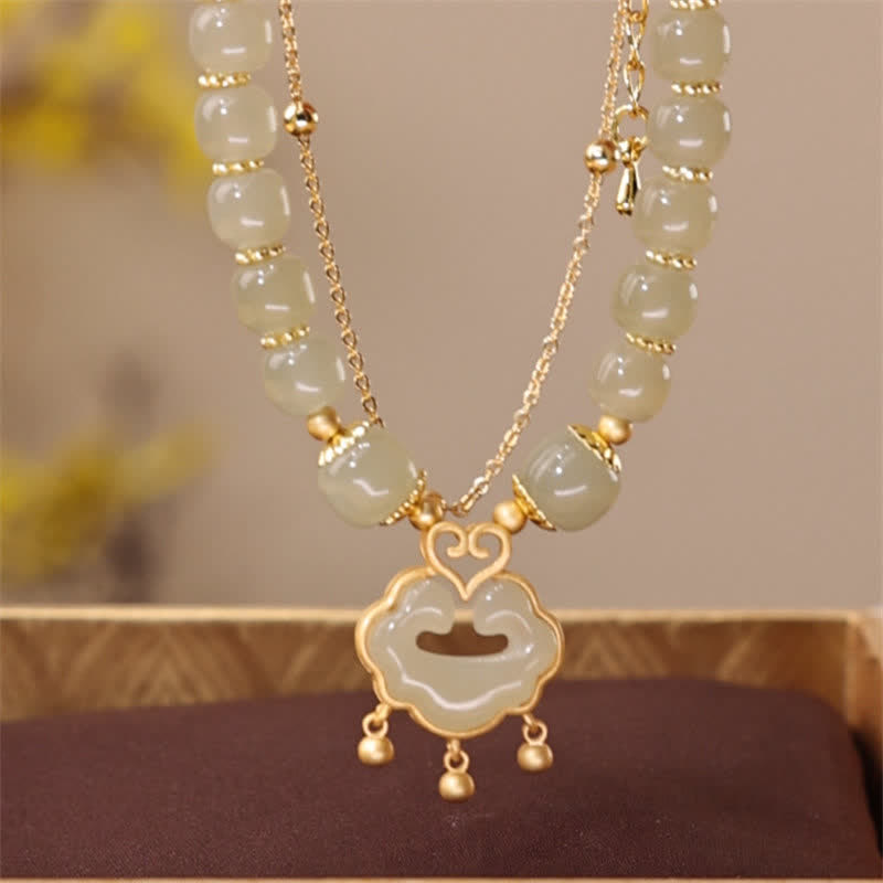 14K Gold Plated Natural Hetian Jade Wish Lock Bell Chain Bracelet