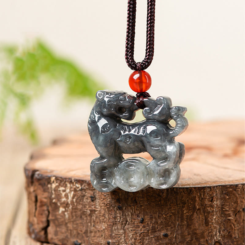 Buddha Stones Natural Jade Tiger Copper Coin Pattern Luck Necklace Pendant