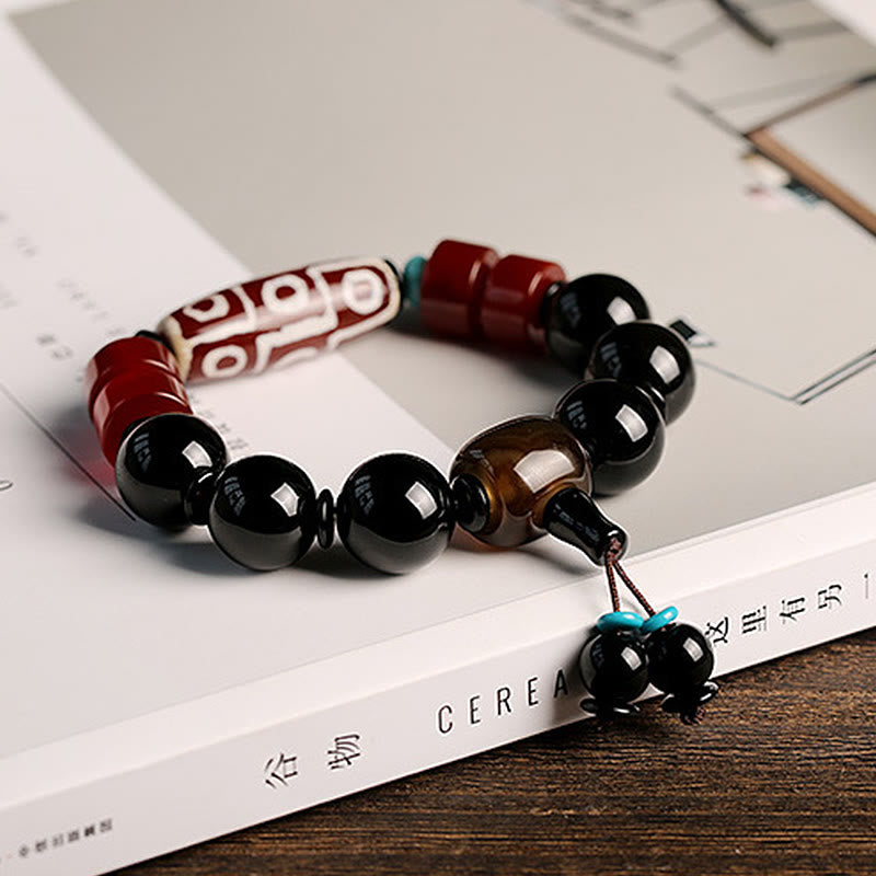 Tibetan Nine-Eye Dzi Bead Black Onyx Wealth Protection Bracelet