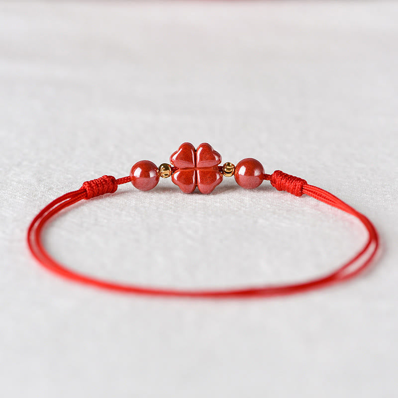 Buddha Stones Four Leaf Clover Cinnabar Blessing Calm String Bracelet Anklet