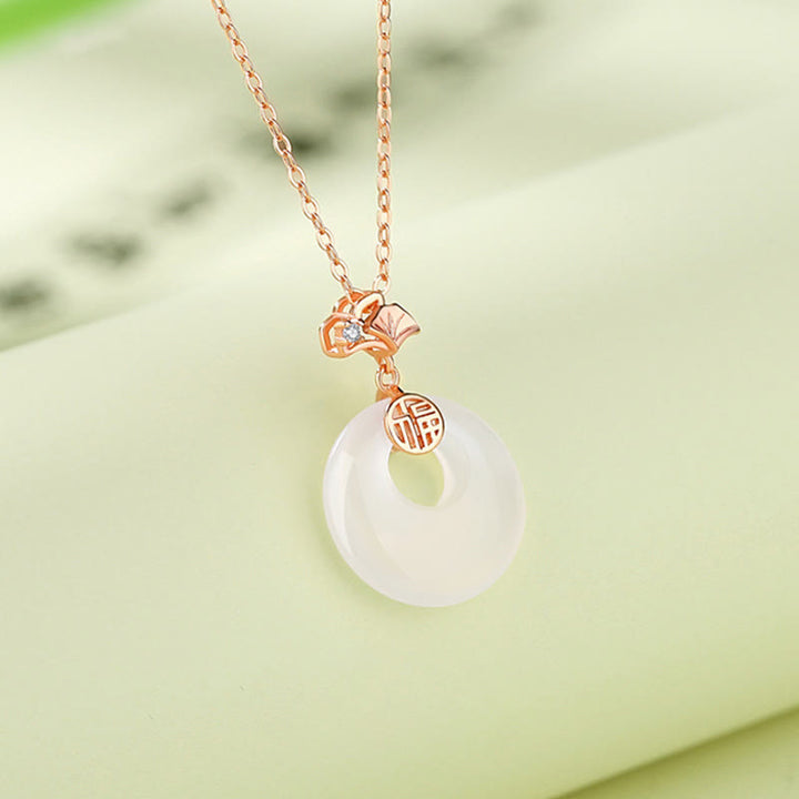 Buddha Stones 925 Sterling Silver Ginkgo Leaf Butterfly Rose Chalcedony Hetian Jade Peace Buckle Fu Character Harmony Necklace Pendant