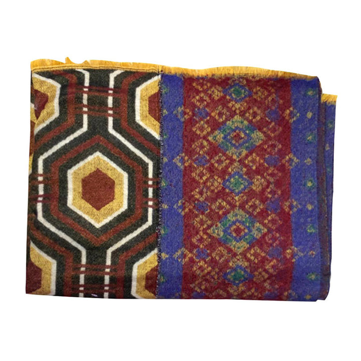 Buddha Stones Tibetan Shawl Brown Blue Red Geometric Shapes Pattern Winter Cozy Travel Scarf Wrap