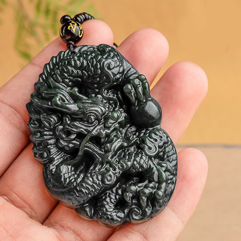 Buddha Stones Hetian Cyan Jade Dragon Success Harmony Necklace Beaded String Pendant