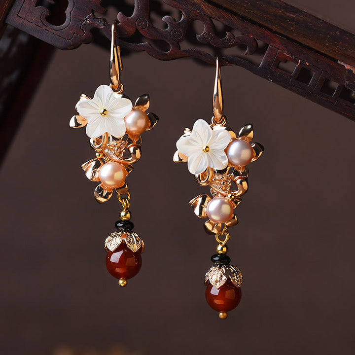 Buddha Stones 14K Gold Plated Tridacna Stone Flower Pearl Green Aventurine Bead Drop Earrings