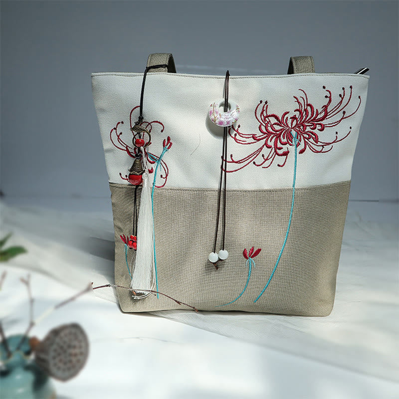 Pear Flower Plum Peach Blossom Bamboo Embroidery Canvas Large Capacity Shoulder Bag Tote Bag