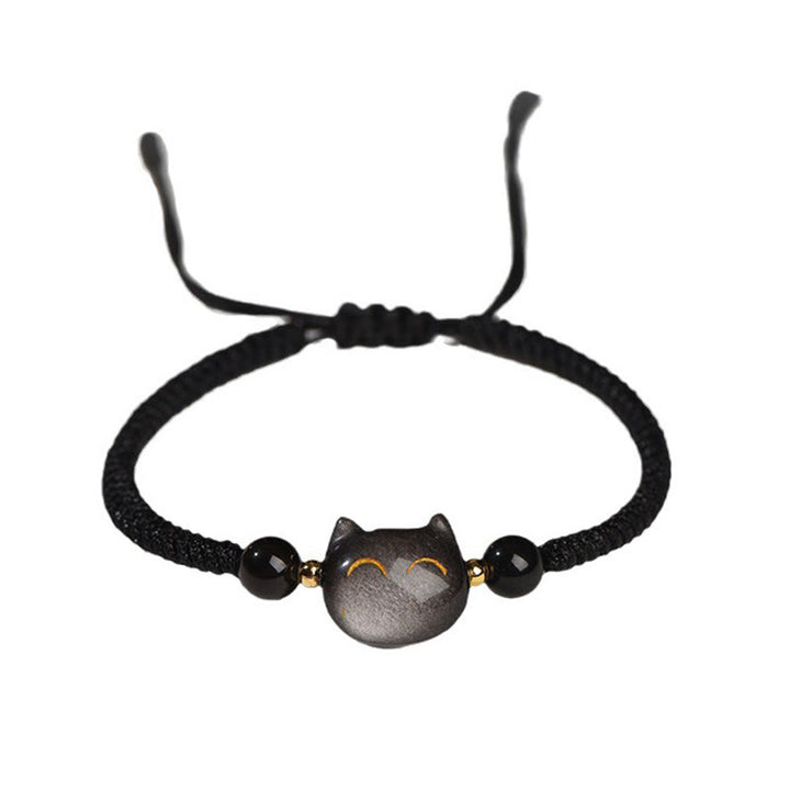 Buddha Stones Handmade Natural Silver Sheen Obsidian Strawberry Quartz Cute Cat Protection Braided Bracelet