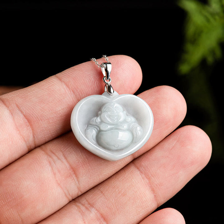 Buddha Stones 925 Sterling Silver Laughing Buddha White Jade Luck Blessing Necklace Pendant