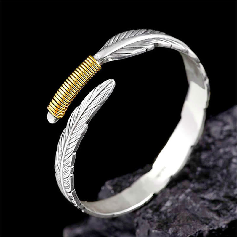 Buddha Stones Feather Pattern Engraved Luck Cuff Bracelet Bangle