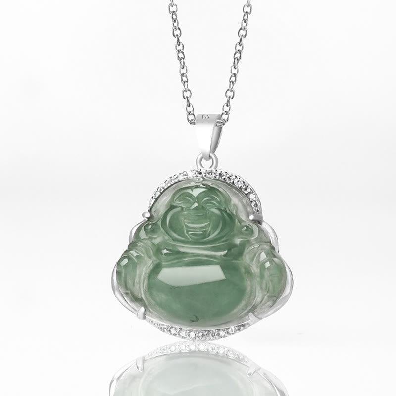 Buddha Stones 925 Sterling Silver Laughing Buddha Natural Jade Luck Prosperity Necklace Chain Pendant