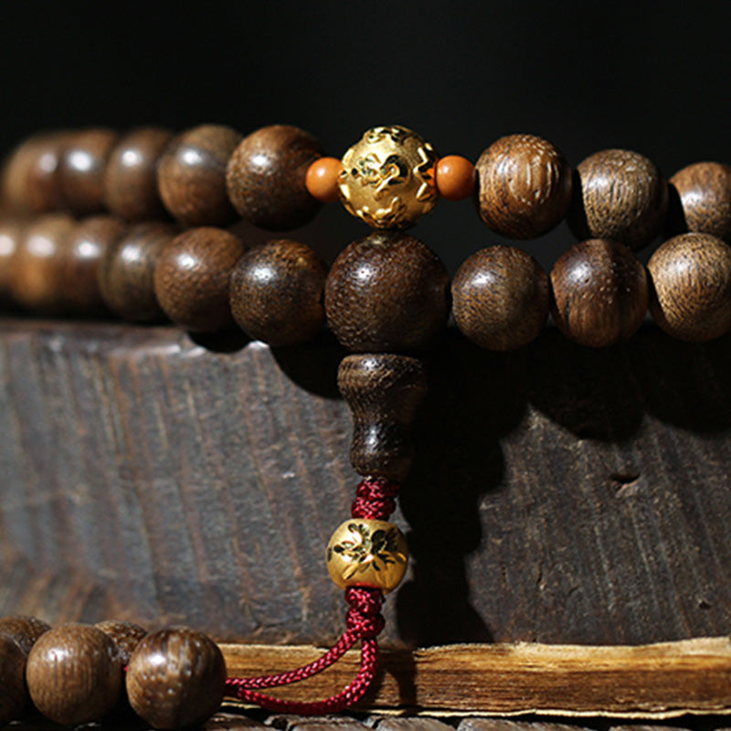 Buddha Stones 999 Gold 108 Mala Beads Kalimantan Agarwood Cyan Jade Six True Words Strength Bracelet