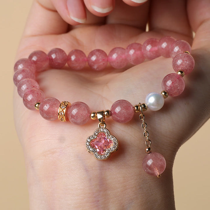 Buddha Stones Strawberry Quartz Pearl Four Leaf Clover Charm Healing Bracelet