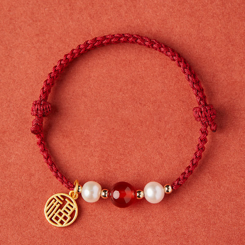 Buddha Stones 925 Sterling Silver Good Fortune Fu Character Agate Pearl Red String Braid Bracelet