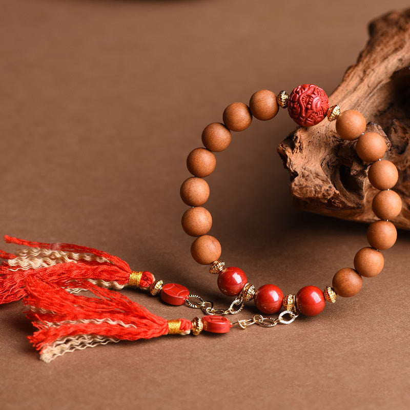 Buddha Stones Tibetan Natural Peach Wood Cinnabar PiXiu Wealth Tassels Bracelet