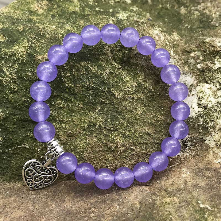 Natural Gemstone Lucky Love Heart  Charm Stretch Bracelet