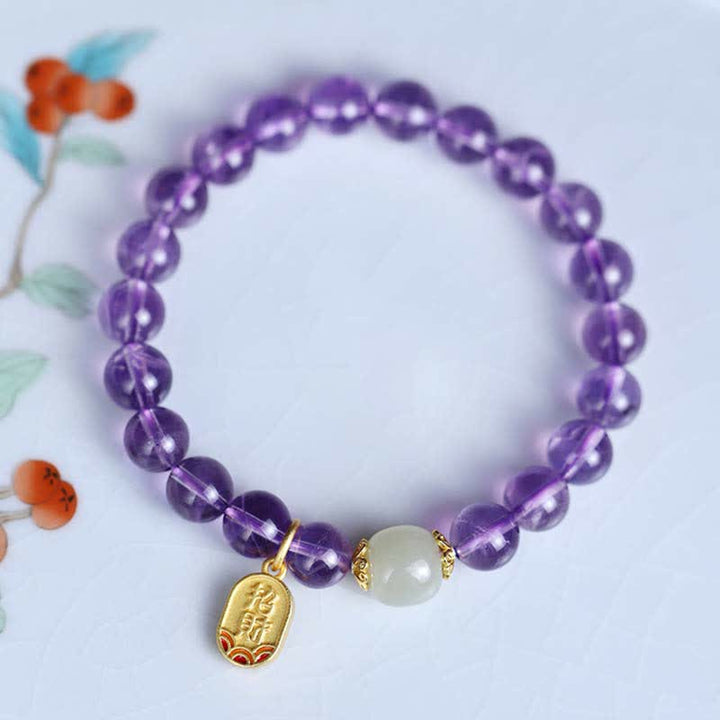 Buddha Stones Natural Amethyst Crystal Hetian Jade Healing Charm Bracelet