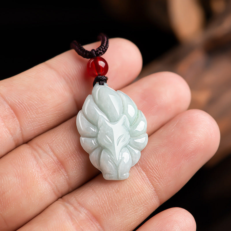 Buddha Stones Natural Jade Nine Tailed Fox Luck Prosperity Necklace Pendant