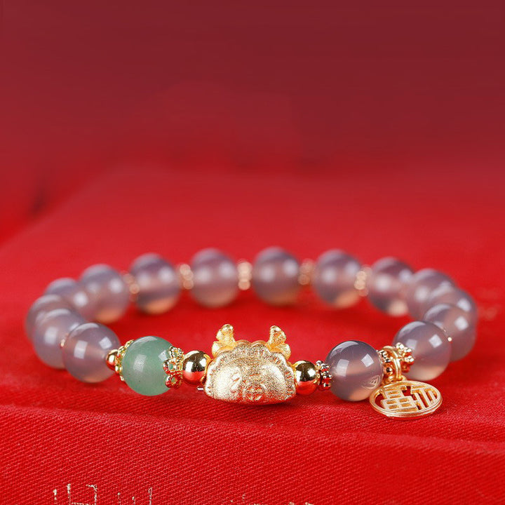 Buddha Stones Year Of The Dragon Red Agate Gray Agate Dumpling Luck Fu Character Bracelet