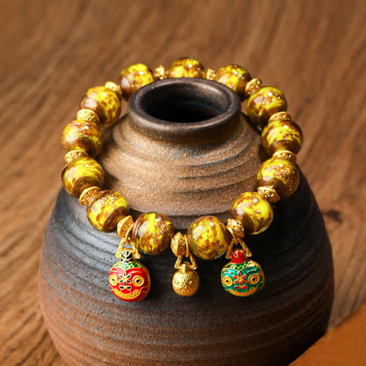 Buddha Stones Gold Swallowing Beast Family Charm Liuli Glass Bead Fortune Bracelet