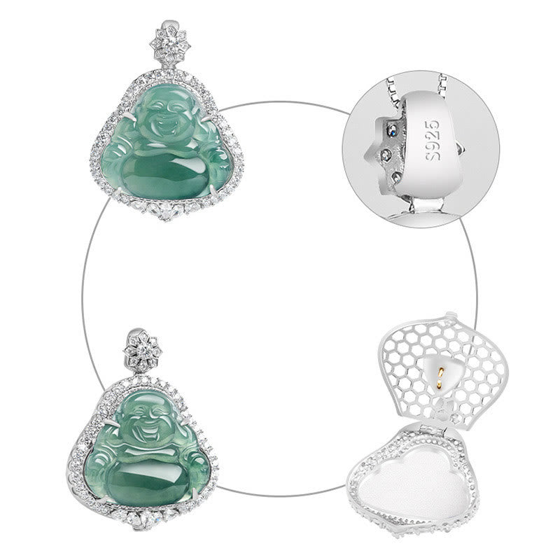 Buddha Stones 925 Sterling Silver Laughing Buddha Natural Jade Luck Abundance Chain Necklace Pendant