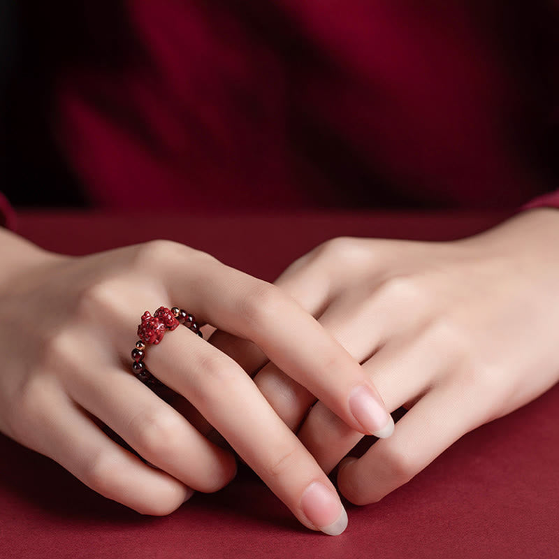 Buddha Stones Garnet Cinnabar Lucky Bead PiXiu Om Mani Padme Hum Rose Protection Ring