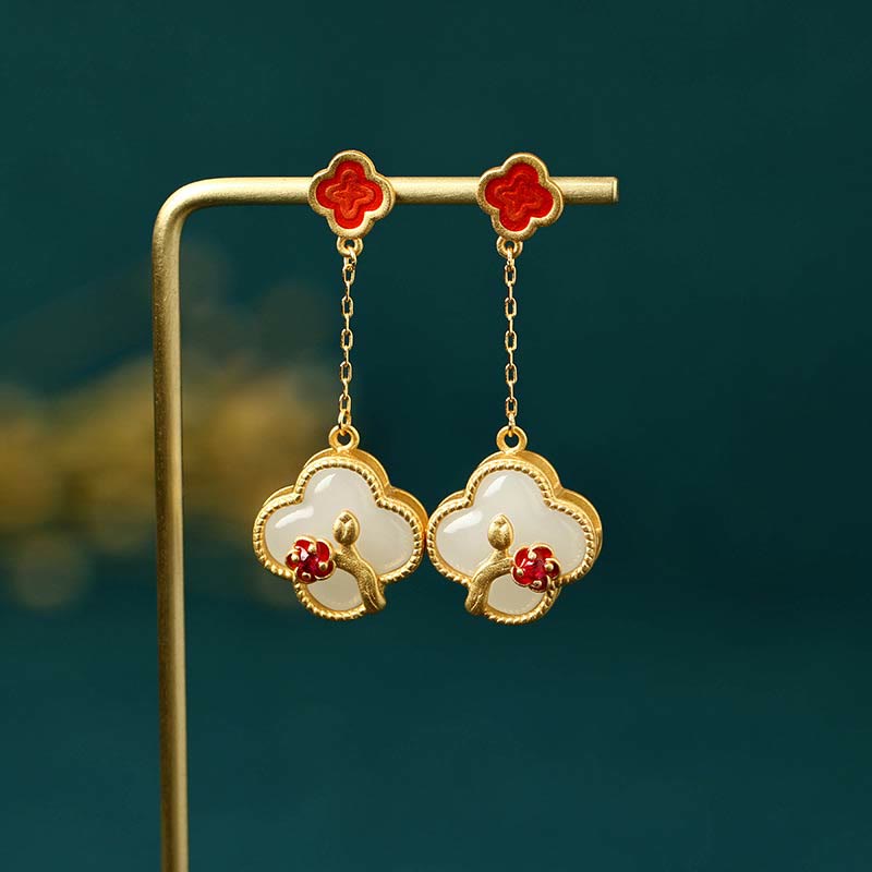 Buddha Stones 24K Gold Plated White Jade Four Leaf Clover Plum Blossom Luck Necklace Pendant Earrings