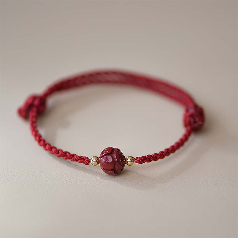 Buddha Stones Cinnabar Jade Lotus Calm Red String Weave Bracelet