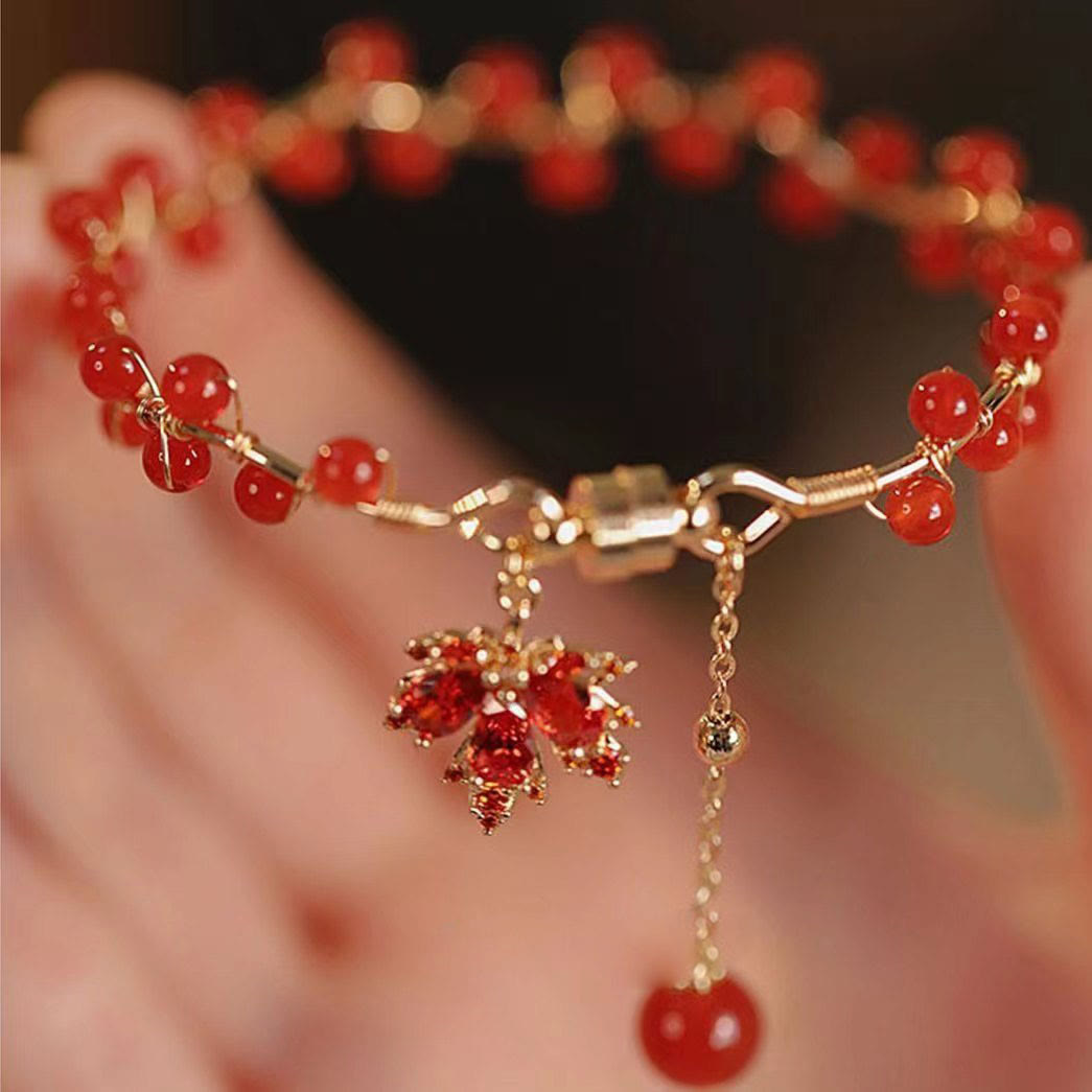 Buddha Stones Red Maple Leaf Luck Charm Bracelet