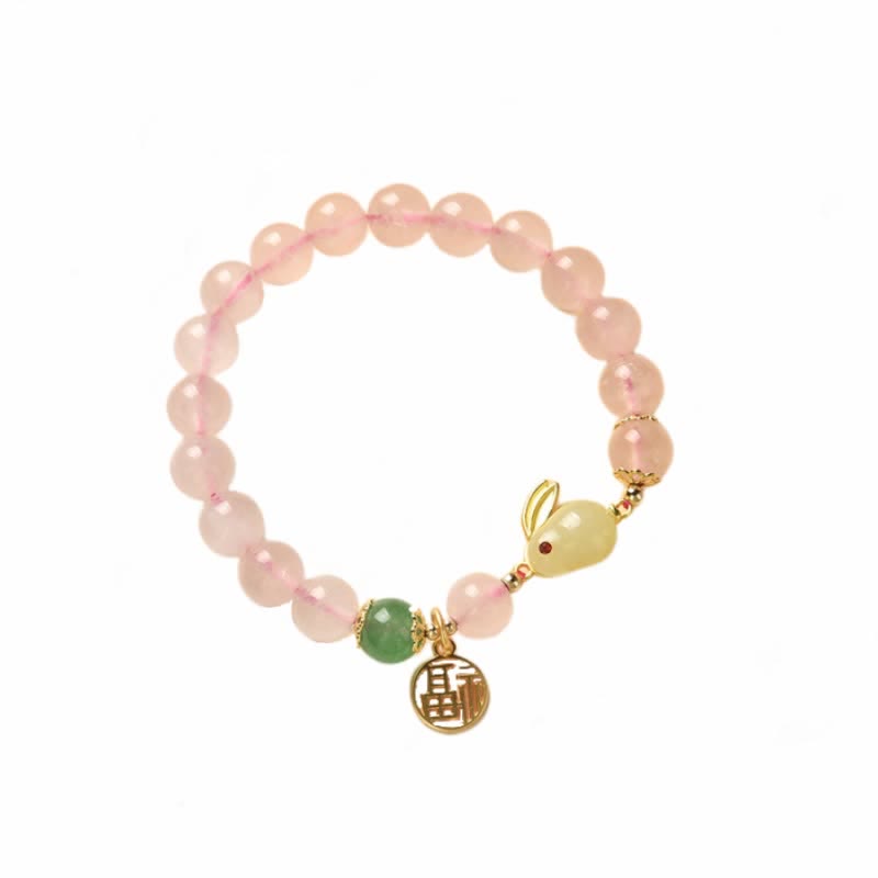 Year of the Rabbit Natural Pink Crystal Green Agate Bunny Love Happiness Bracelet