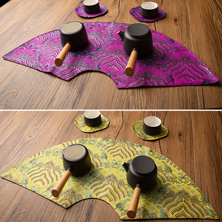 Buddha Stones Vintage Sea Wave Bamboo Plum Blossom Embroidered Cup Mat Pad Tea Cup Coaster Kung Fu Tea Mat