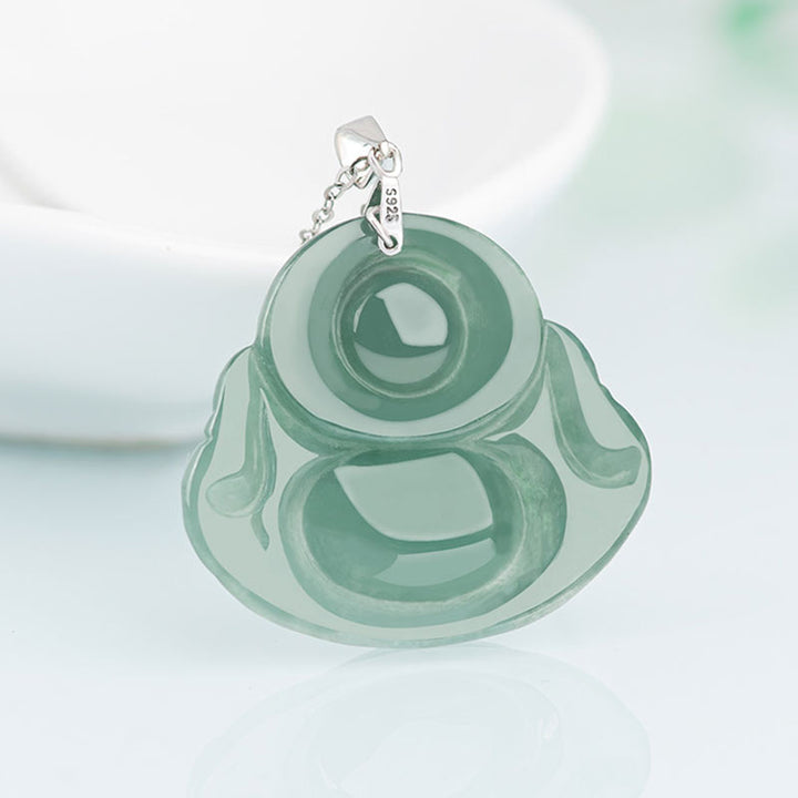 Buddha Stones 925 Sterling Silver Laughing Buddha Jade Protection Calm Necklace Chain Pendant